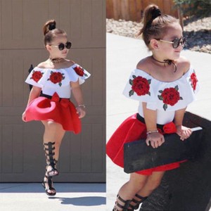 Red Ruffle Dress Summer Outfits 1-5T 2PCS Toddler Girl Skirt Sets Off-The-Shoulder Sets Embroidery Rose Top