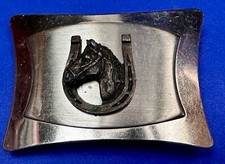 Horse Head Inside Of Lucky Horseshoe Vintage Two Tone Belt Buckle - 34N