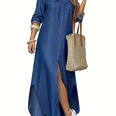 Solid Button Front Shirt Dress, Casual Long Sleeve Maxi Dress, Women's  Clothing | eBay