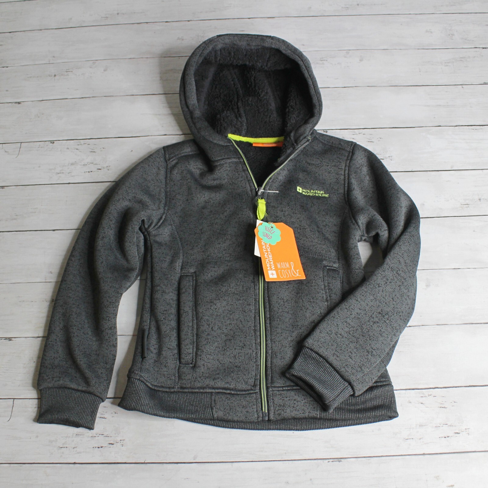 Mountain Warehouse Boy's Hooded Knit Jacket Size 9 10 Gray Faux Shearling Lining image 2