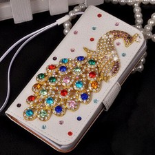 For iPhone 17 16 15 14 13 12 Pro Max Bling Peacock Flip Card Wallet Case Cover