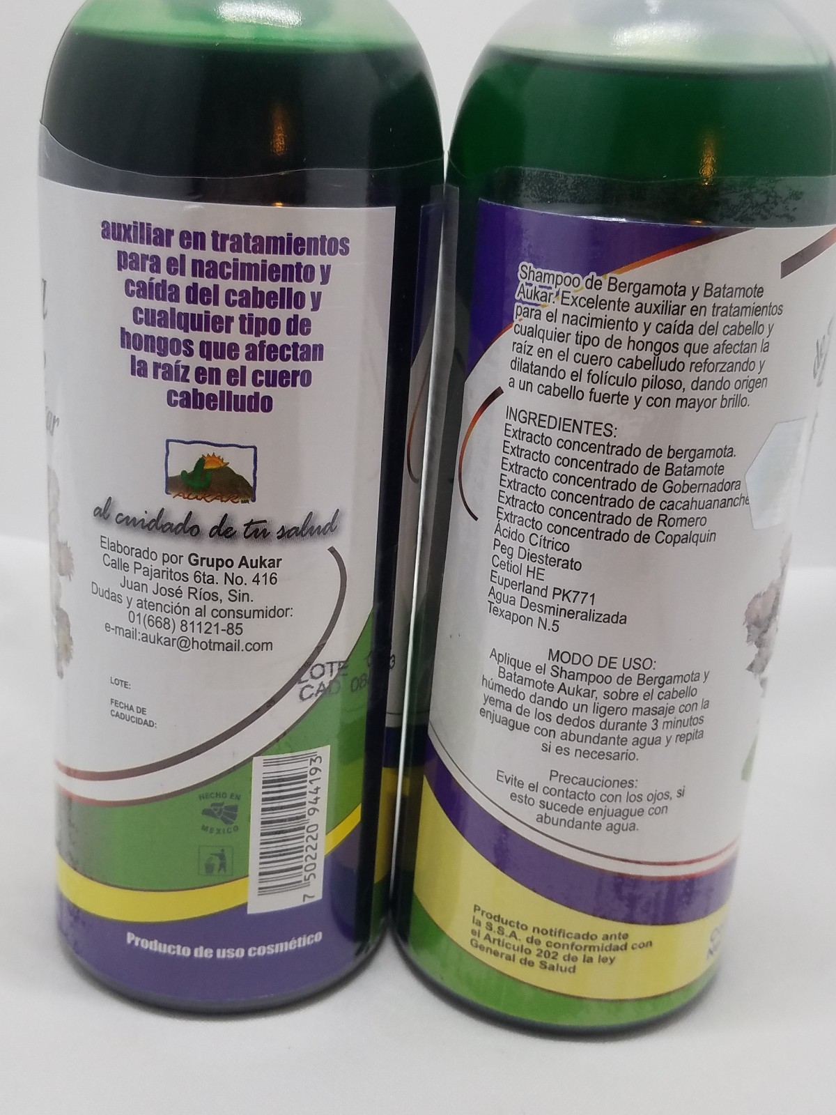 2X Shampoo de Bergamota y Batamote Aukar, 500 ml /17.63 FlOz. Shampoo