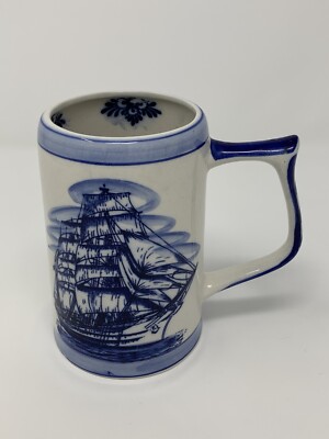 Vintage Royal Delft Porcelain Hand Painted Ships Motif Mug Holland Schooner
