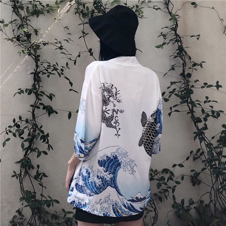 Women Japanese Wave Coat Kimono Cardigan Yukata Hokusai Kanagawa