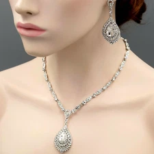 Rhodium Plated Clear Crystal Necklace Pendant Earrings Wedding Jewelry Set 8967