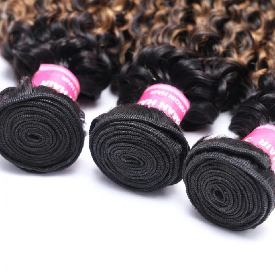 UNice Ombre Highlight Brown Curly Bundles Human Hair Extensions with Dark Roots - Image 4 of 4