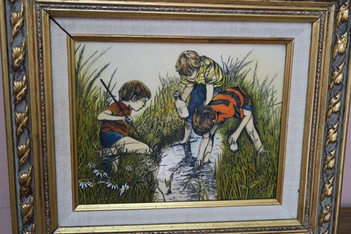 Vintage Engraving Etched Painting Signed Carlos Rios Framed 8" x10" Boys Playing - Picture 3 of 5