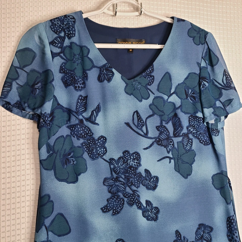 Vestido De Colección Talla 8P Donna Ricco Azul/Verde Floral Tropical Forrado Transparente Foto 2 de 4