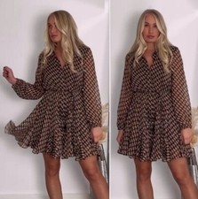 Zara Marrone Geo Stampa Metallico Oro Voluminoso a Balze Skater Corto Camicia Da