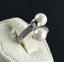 Sterling Silver, Cubic Zirconia and Faux Pearls Bypass Ring Size 5 Signed SP