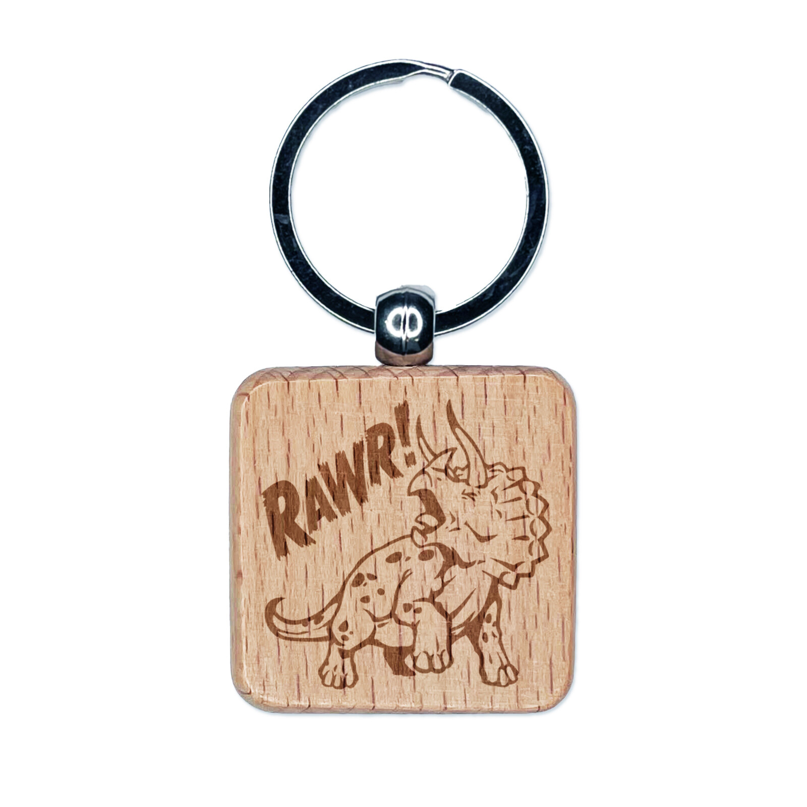 Triceratops Rawr Roar Dinosaur Engraved Wood Square Keychain Tag Charm
