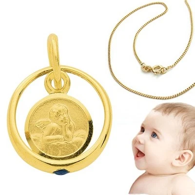 FACHHANDEL-DIREKT Jungen Safir Edelstein Taufring mit Schutz Engel Echt Gold 333 und Silber Kette