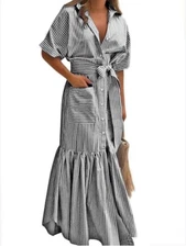 Stripe Maxi Shirt Dress Button Down Tie Waist Short Sleeve Long Pockets Slit XXL
