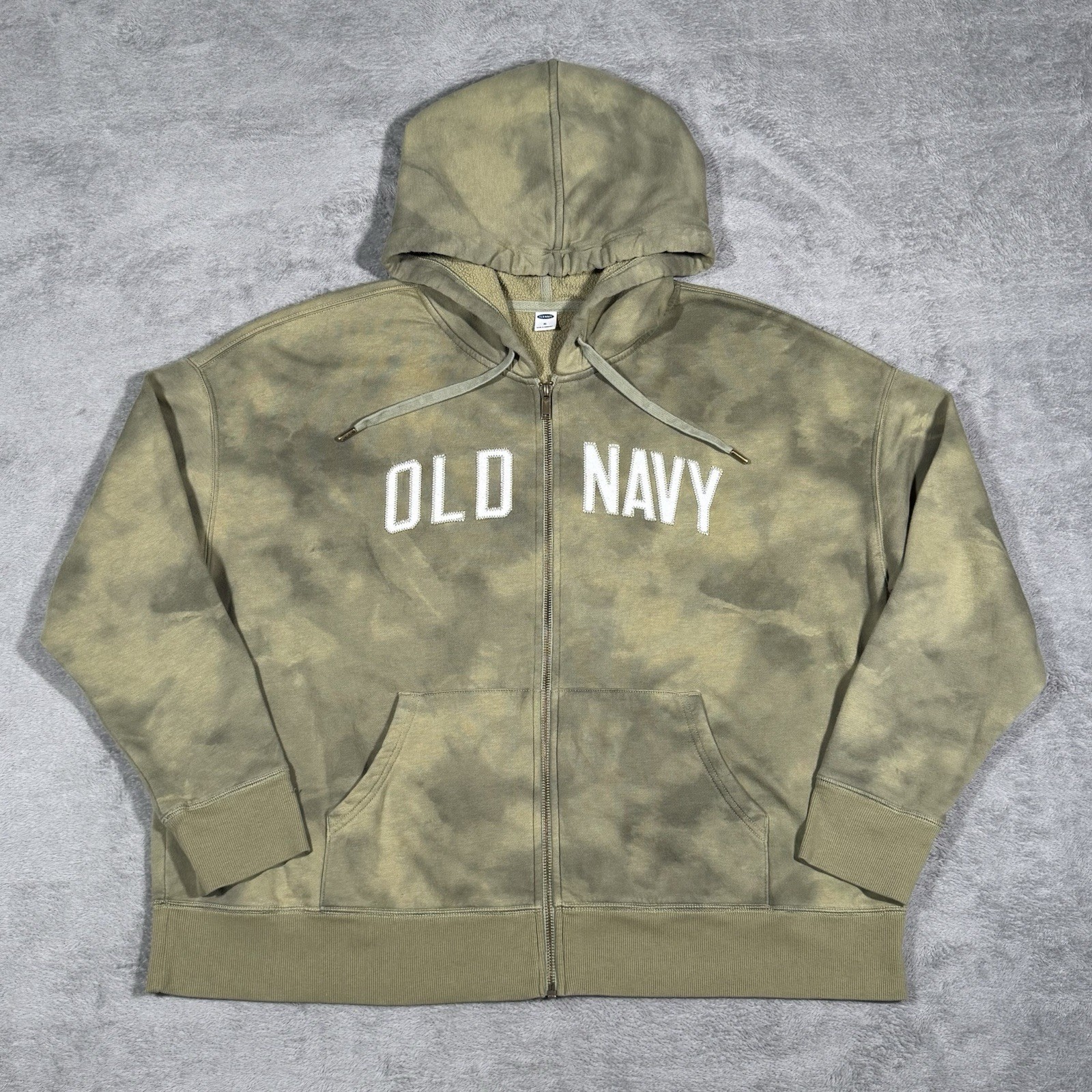 Old Navy Men XL Olive Tie Dye Green Zip Hoodie Embroidered Logo Fleece Casual
