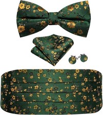 Men Cummerbund Bow Tie Set Silk Paisley Formal Pre Emerald Green Gold Brown