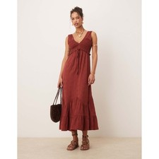 NWT ASOS DESIGN Rust Brown Eyelet Smocked Midi Dress Tiered Ruffle V Neck size 8
