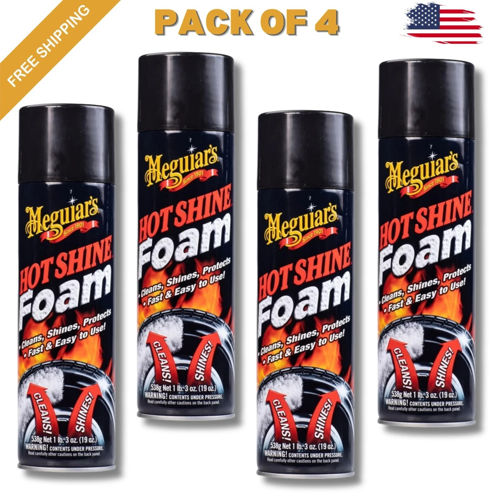 (4 Pack) Meguiar's Hot Shine Tire Foam, G13919, 19 oz, Aerosol, Easy Spray Foam
