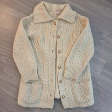 VTG Unisex Hand Knit Chunky Cable Knit Fisherman Cardigan Wool Sweater Size S/M