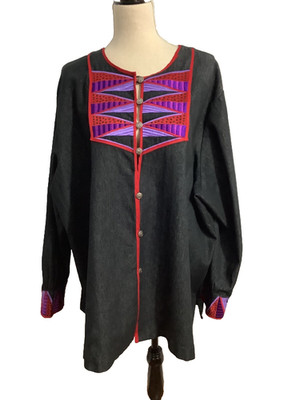 BOB MACKIE WEARABLE ART PLUS 3X BLACK DENIM JACKET EMBROIDERY BOHO RARE