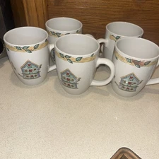5 Vintage Thomson Pottery Birdhouse China Birds / Hearts Coffee Cups