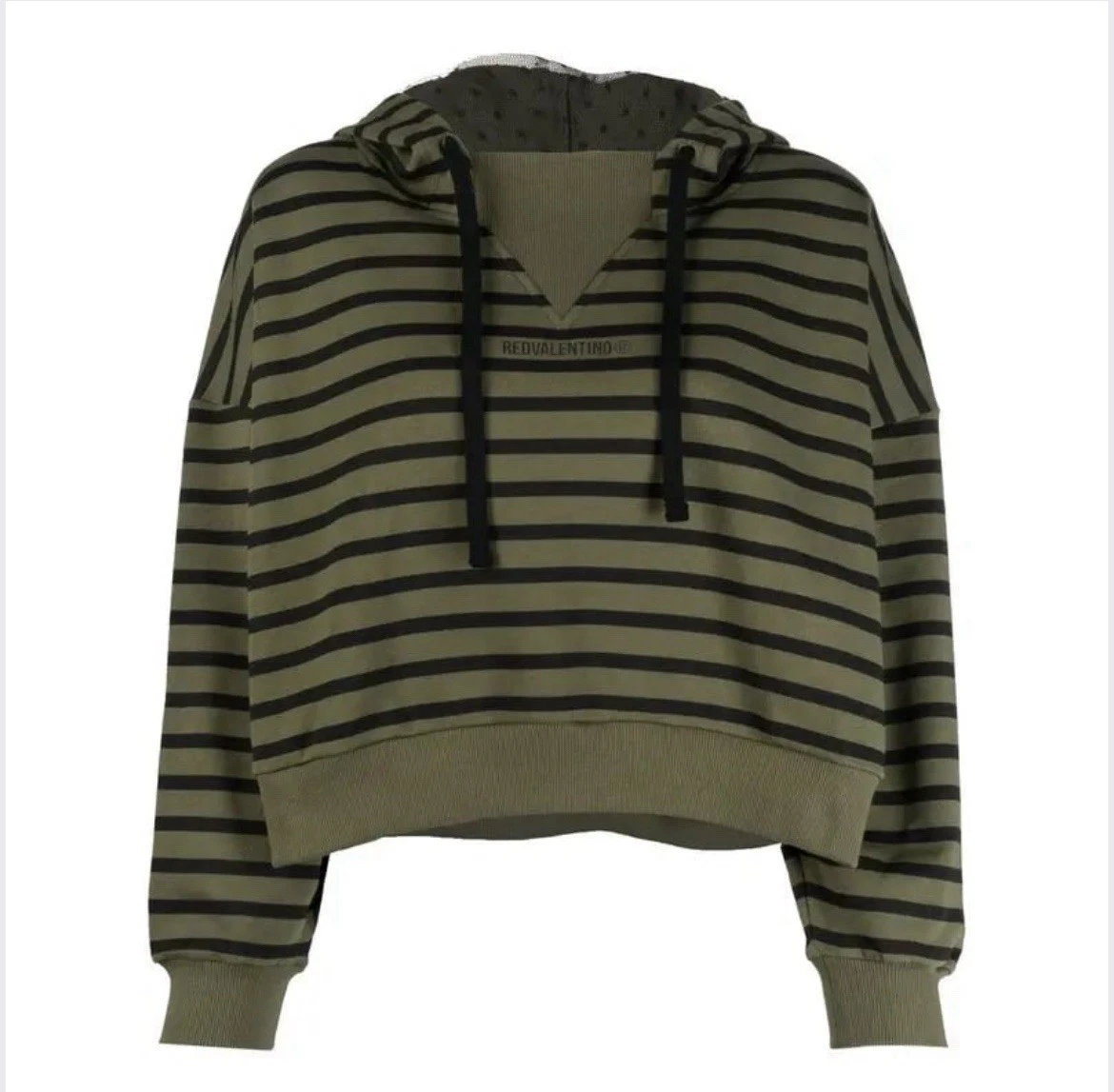 Felpa con cappuccio rossa Valentino stampa ritagliata a righe verdi taglia S