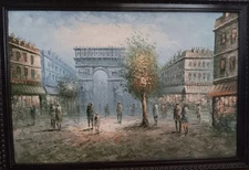 Caroline Burnett Oil Painting 36” x 23” Arc De Triomphe Parisian Urbanscape