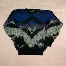 Vintage Knitted Jumper Abstract Patterned Grandad Knit Sweater With Patches
