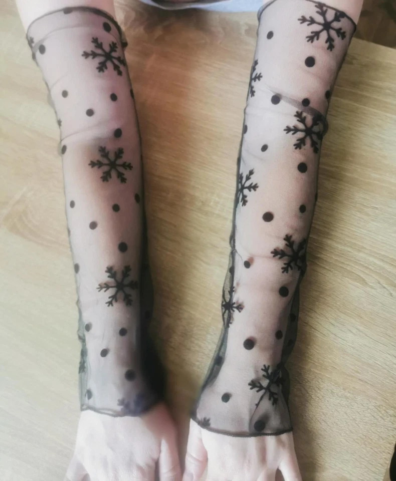 Envois 24/48h Mitaines Longues Noir – Gants Sans Doigts Motif Flocon & Pois - Photo 1/3