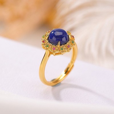 N02 ring flowers with small rhinestones lapis lazuli silver 925 adjustable