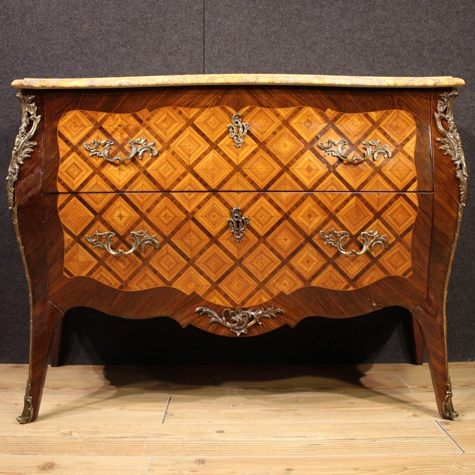 Commode française marquetée meuble chiffonier 2 tiroirs style Louis XV marbre - Photo 3/4