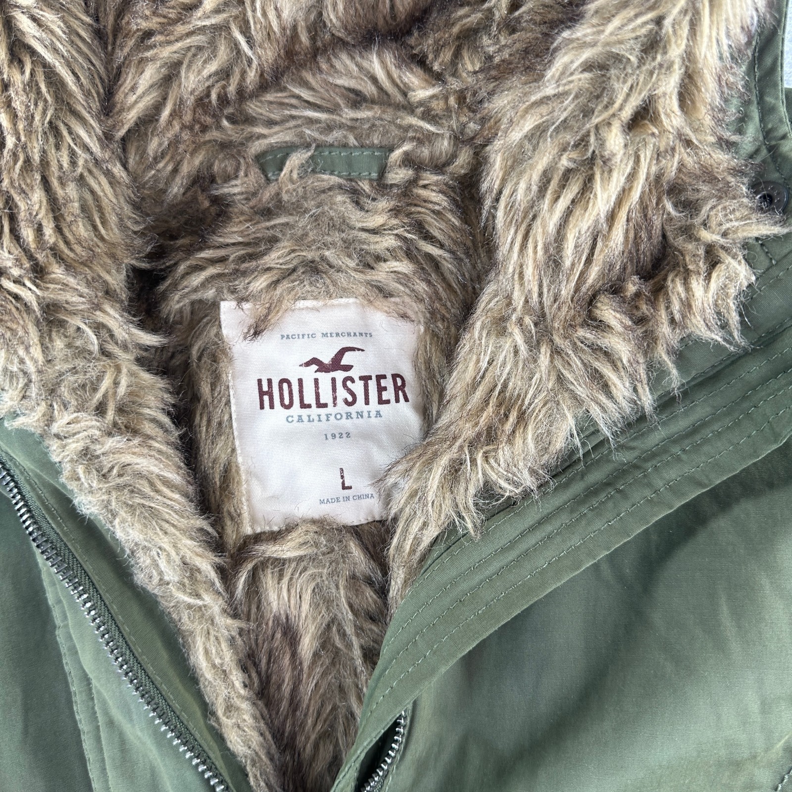 Vintage Hollister Parka Coat Womens Large Green Faux Fur Hood Puffer Jacket Y2K image 3