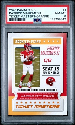 2020 PANINI ROOKIES & STARS TKT MASTERS ORANGE #1 PATRICK MAHOMES II 16/99 PSA 8