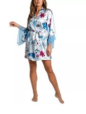 Linea Donatella Women's Ayanna Satin Lace-Trim Robe - Blue S/M