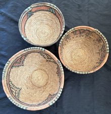 Vintage Lot Of 3 African Nigerian Handwoven Basket 10&rdquo; 11&rdquo; Bowl Grass Handmade
