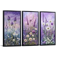 3 Pieces Framed Flower Canvas Wall Art Purple Flower Field Picture with Black...