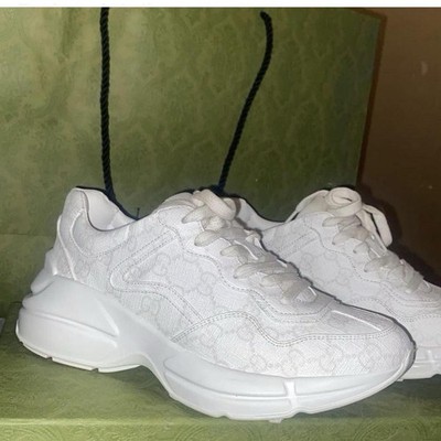 Gucci Rhyton White Logo Lace Up Women Low Top Sneakers Fabric Upper Rubber Sole