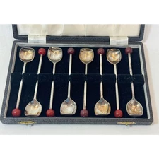 Art Deco Red Cherry Bakelite Muddler Stirrer Cocktail Spoons Set of 8 England