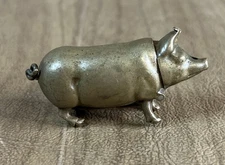 Antique Novelty Brass Pig Vesta Case Match Holder Hinged Head Striking Surface