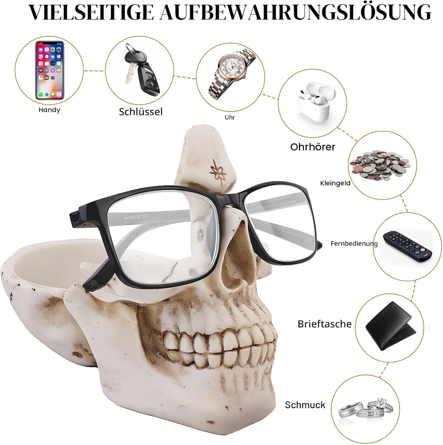 Brillenhalter Schädel mit Ablage Harz Skulptur Tischdeko Geschenk Weiß image 2