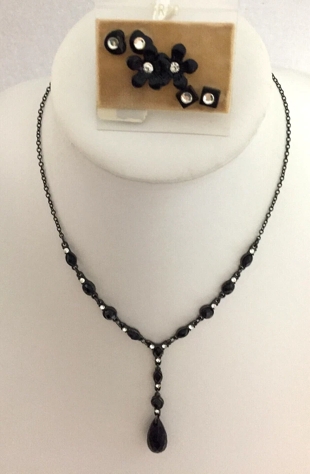 Collar Pulsera Pendientes Negro Esmalte Transparente Estrás Lote Vintage 5 Piezas Foto 4 de 4