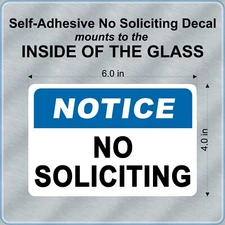 NO SOLICITING inside mount self adhesive window or door decal for business