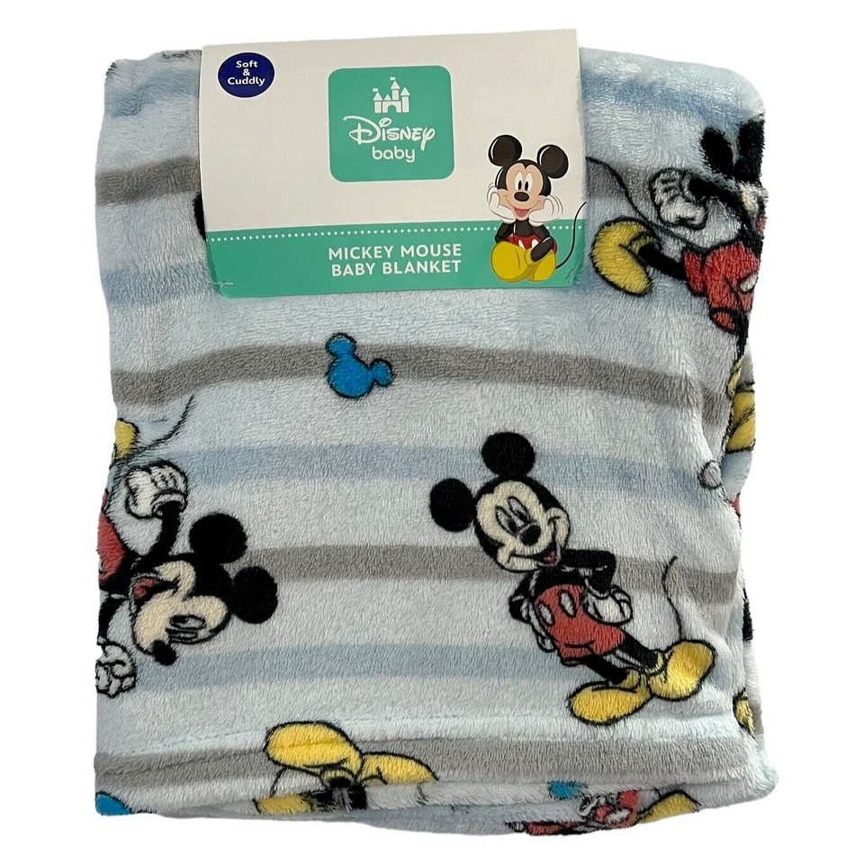 NUEVO Disney Bebé Mickey Mouse Posando Rayas Peluche Bebé Manta Niño Pequeño Azul Gris Foto 2 de 4