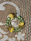 Yellow Enamel Flowers Brooch Pin Vintage Gold Tone Peridot Green Rhinestone