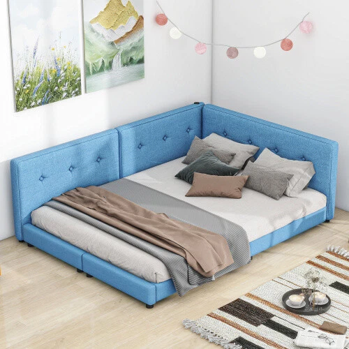 Moderna cama con plataforma tapizada tamaño queen completo marcos de cama sofá cama sofá cama azul Foto 4 de 4