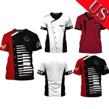 Men Short Sleeve Chef T-shirts Printed Graphic Crew Neck Restaurant Uniform
