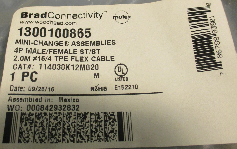 Juego de 5 cables de conectividad Molex 1300100865 Brad 114030K12M020 2 metros de largo Foto 2 de 4