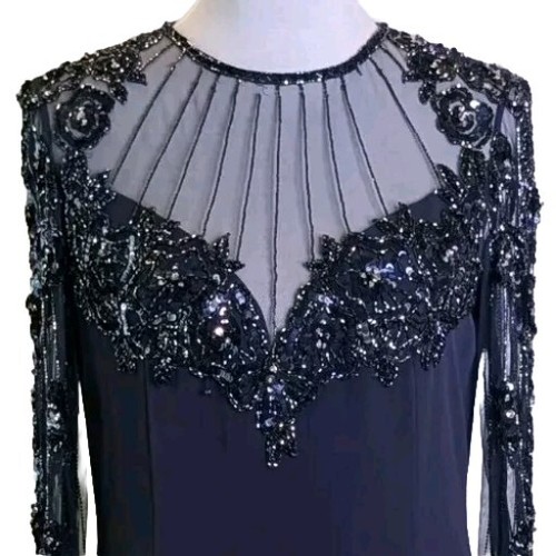 Vintage Lillie Rubin Navy Blue Sequin Mesh Dress Back Zip SIZE 12 - Picture 2 of 9
