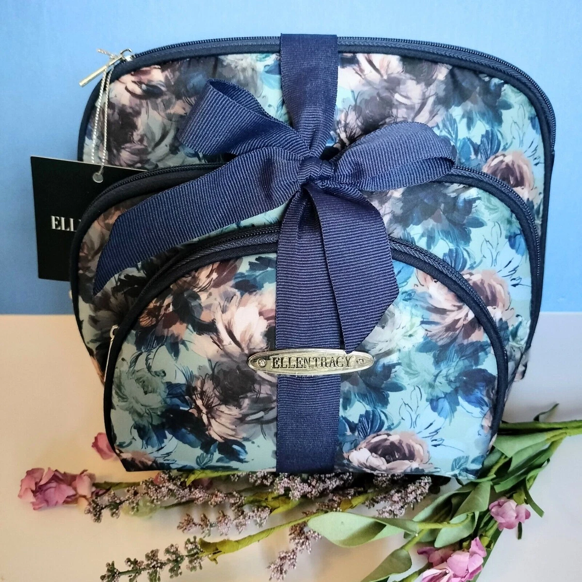 Ellen Tracy 3 Pk Makeup Bags Navy Floral Top Zip Graduated Sizes