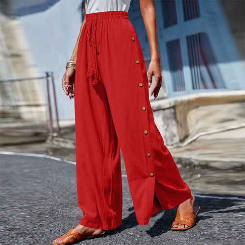 Womens Casual Button Solid Pants Ladies Summer Baggy Wide Leg Trousers - Picture 21 of 24