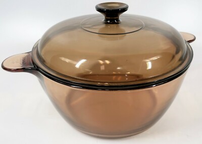 Vintage Corning Pyrex Vision 4.5L Clear Amber Glass Round Stock Soup Pot w/ Lid